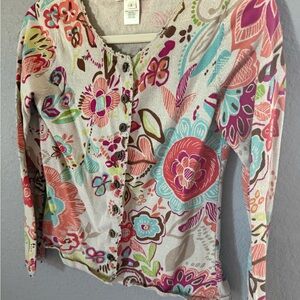 Susan Bristol Floral Button-Down Top in Cream with Pink & Turquoise